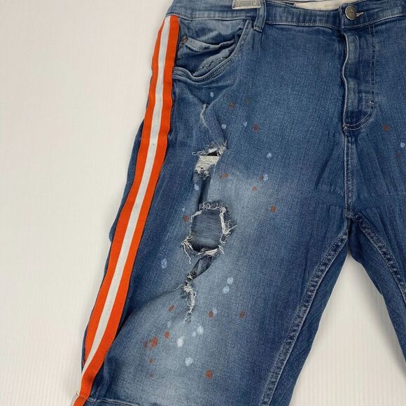 Spark Jean Shorts Mens SZ 42 Blue Medium‎ Wash Premium Denim Orange Stripe Jorts - Picture 5 of 14